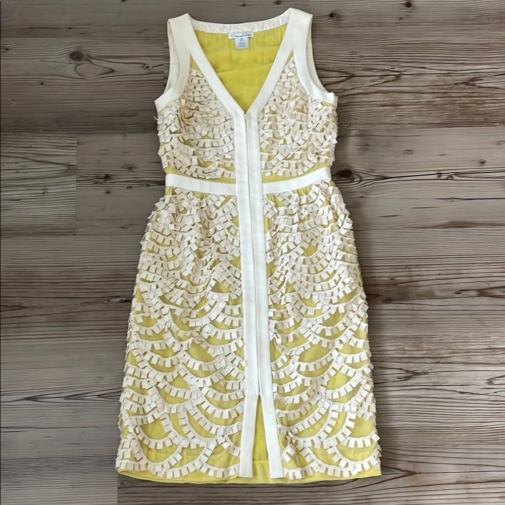 Oscar de la Renta Yellow and White Sleeveless Midi Dress